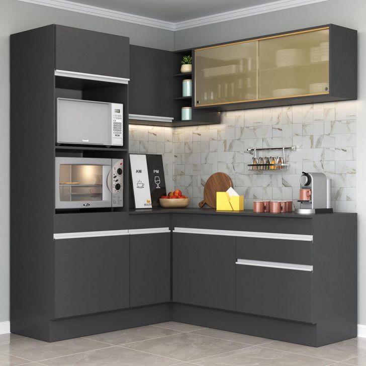 Armário de Cozinha Completa de Canto com Rodapé Veneza Multimóveis MP2098.898 Preto/Branco