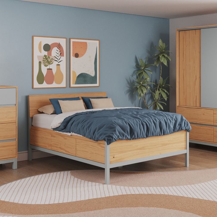 Cama Casal Square 6 Gavetas Madeira Maciça Natural Pine e Cool Grey