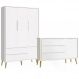 Guarda Roupa 3 Portas e Cômoda com Porta Theo Branco Fosco Pés Madeira Natural - Reller Móveis