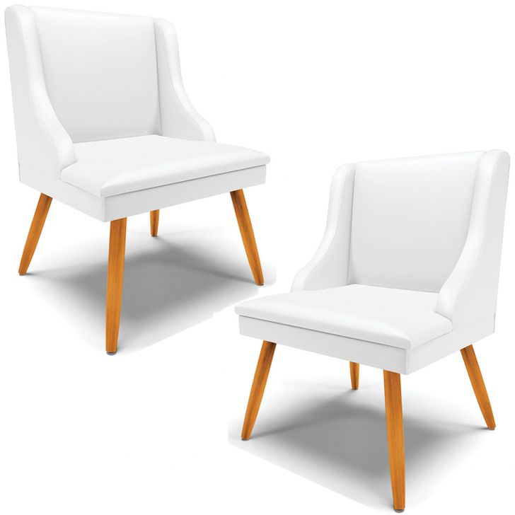 Kit 2 Cadeiras Decorativas Sala de Jantar Pés Palito de Madeira Firenze PU Branco Fosco/Natural G19 - Gran Belo