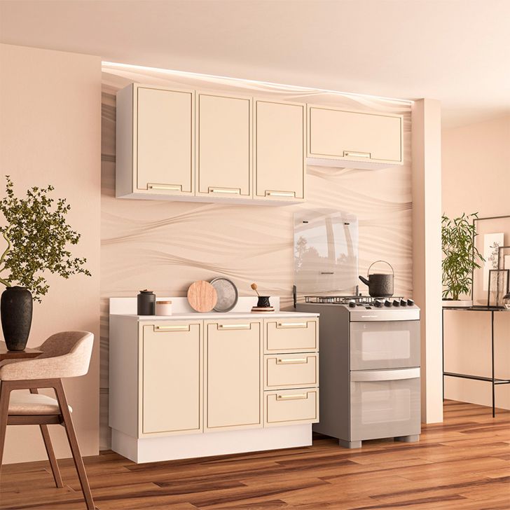 Image of Cozinha Completa Com Tampo E Rodapé Amara 6 Portas 3 Gavetas Creme E Branca PLA-MO895CL01PVUMOB