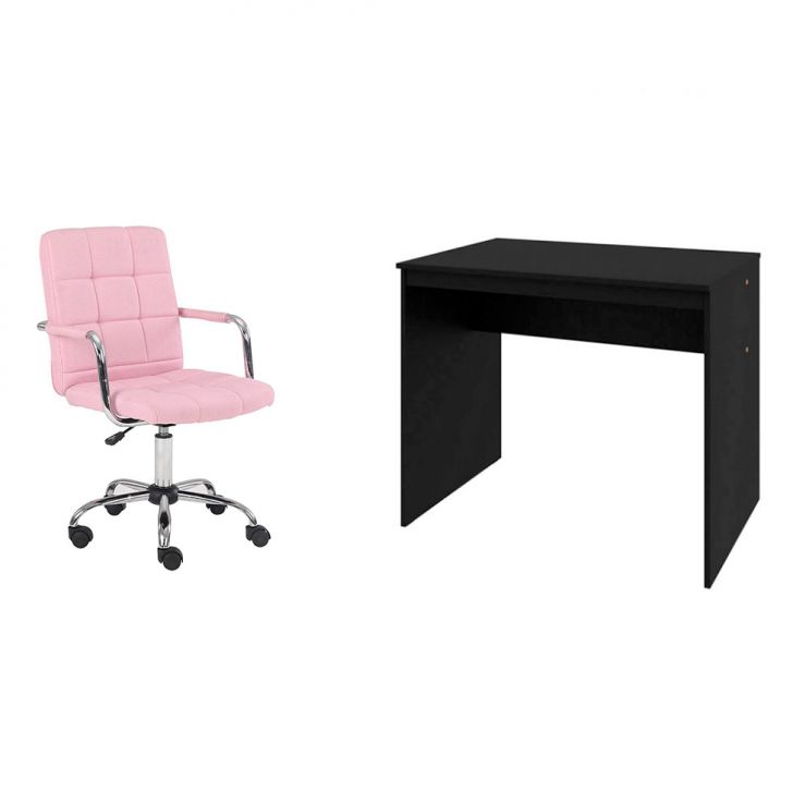 Conjunto de Mesa Office Preta com Cadeira de Escritório Secretária Giratória Fitz Rosa