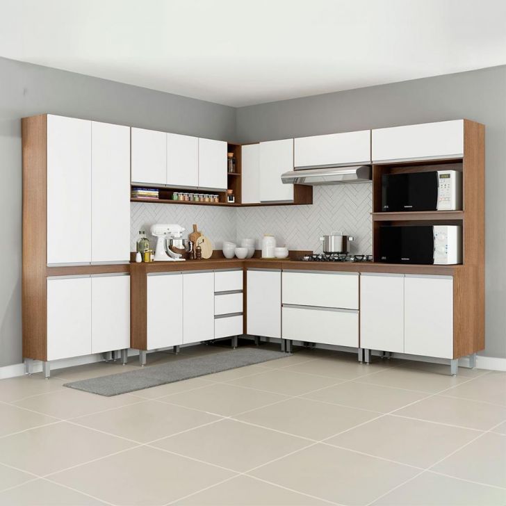 Cozinha de Canto Modulada com Armário Torre Quente Sabrina 252/254x202 Cm 9 Peças MDP Branco MENU