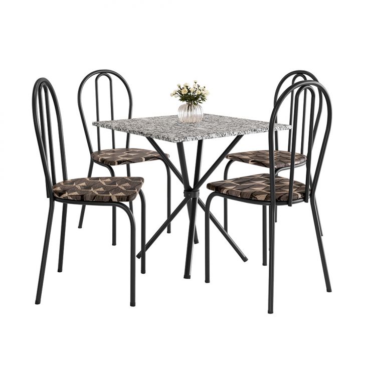 Conjunto de Mesa Quadrada com Tampo Granito e 4 Cadeiras Léia Revestimento Sintético Preto e Palha