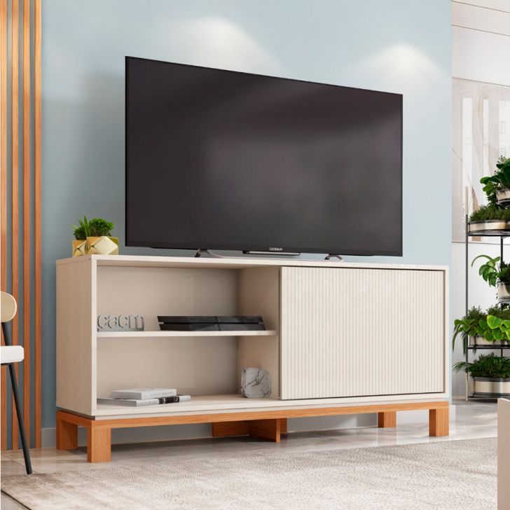 Rack Ripado para TV até 65 Polegadas Mondrian 1 Porta Off White e Freijó