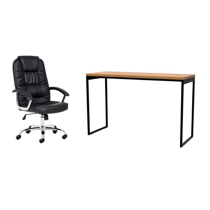 Conjunto de Mesa Stanford Amêndoa 120 cm com Cadeira de Escritório Presidente Giratória com Relax Finland Preta