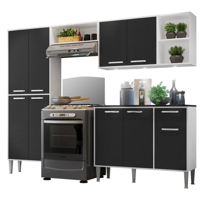 Armário de Cozinha Compacta c/ 3 Leds 4 pçs Xangai Multimóveis V3415 Branco/Preto