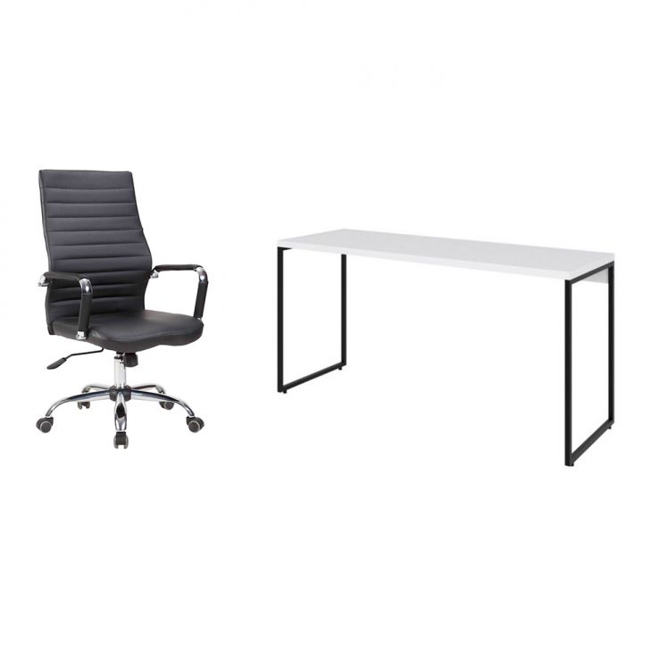 Conjunto de Mesa Studio Branca 150 cm com Cadeira de Escritório Diretor Giratória Cleaner Preta