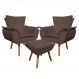 Kit 2 Poltronas Decorativas Pés Palito com Puff Opla Suede Marrom - Ibiza