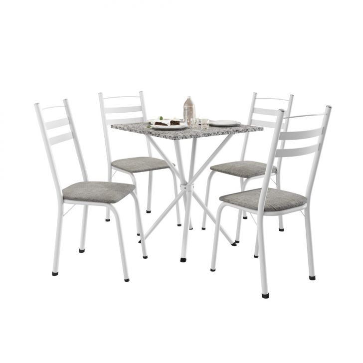 Conjunto De Mesa Quadrada Com Tampo Granito E 4 Cadeiras Léia Revestimento Sintético Grafiato E Branco