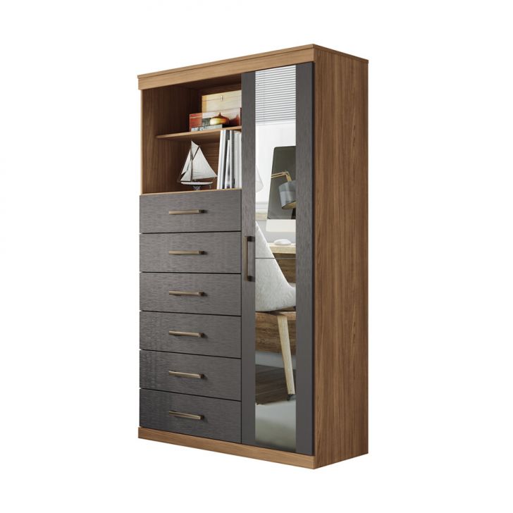 Cômoda Marabá com Espelho 1 Porta 6 Gavetas Jatobá e Grafite