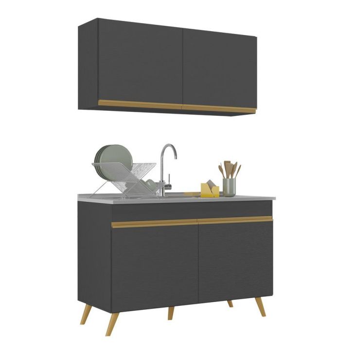 Armário de Cozinha Compacta 120cm Veneza Multimóveis V2141 Preto/Dourado