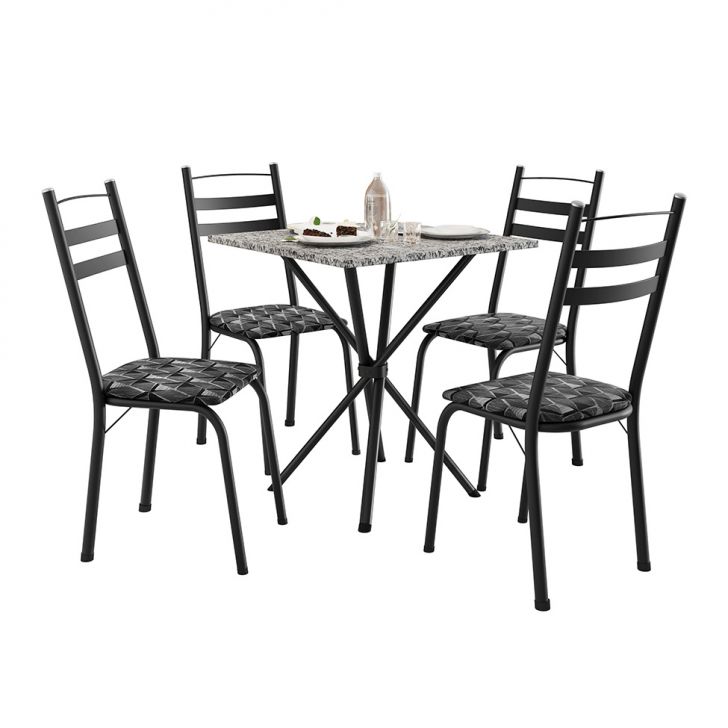 Conjunto de Mesa Quadrada com Tampo Granito e 4 Cadeiras Léia II Revestimento Sintético Preto e Silver