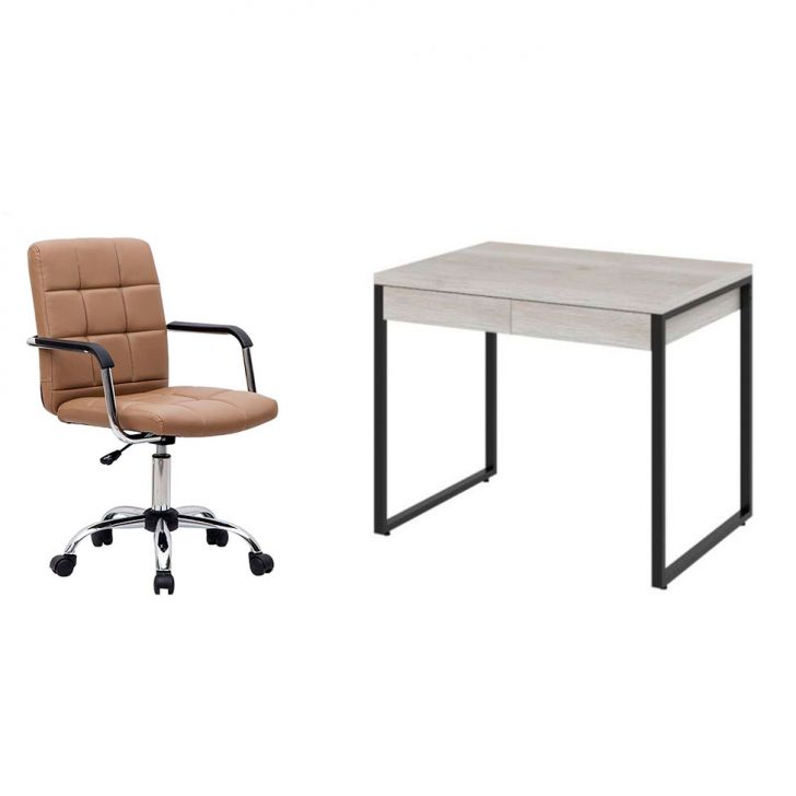 Conjunto de Mesa Kuadra 2 GV Bege com Cadeira de Escritório Secretária Giratória Fitz Marrom