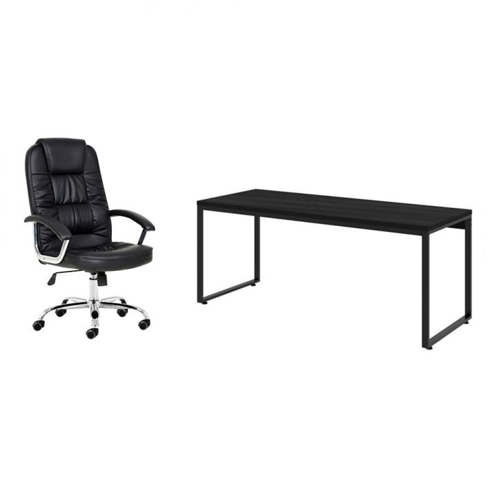 Conjunto de Mesa Kuadra com Cadeira de Escritório Presidente Giratória com Relax Finland Preta