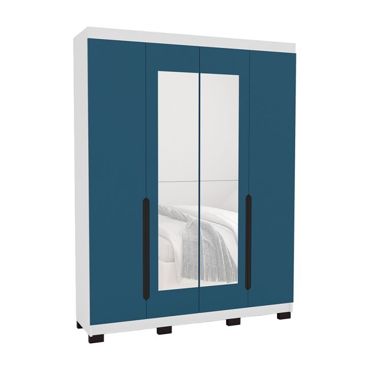 Guarda-roupa Solteiro Com Espelho Madrid 4 Portas 4 Gavetas Branco E Azul