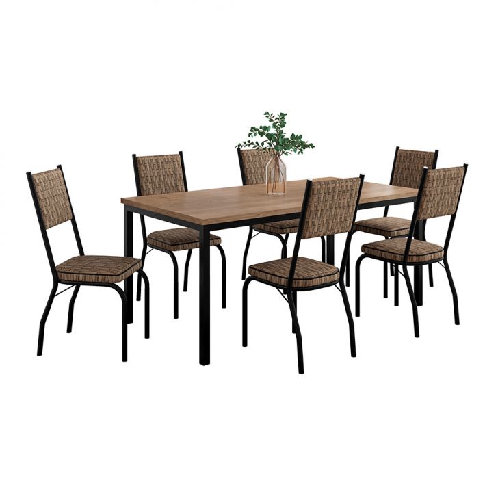 Conjunto De Mesa Retangular Com Tampo De Mdp Amadeirado E 6 Cadeiras Adriana Ii Revestimento Sintético Marrom E Preto