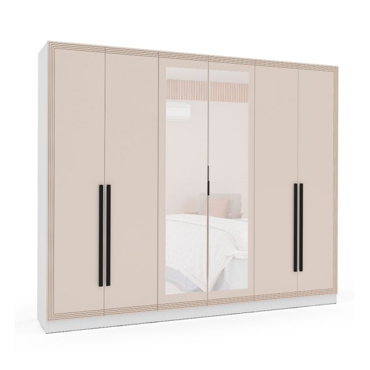 Image of Guarda-roupa Casal Com Espelho Valência 6 Portas 4 Gavetas Branco E Creme PLA-MO895CL80ORJMOB