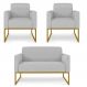 Kit 01 Namoradeira 02 Lugares e 02 Poltronas Marisa Linho Cinza A05 Base Industrial Metálica Dourado - D'Rossi