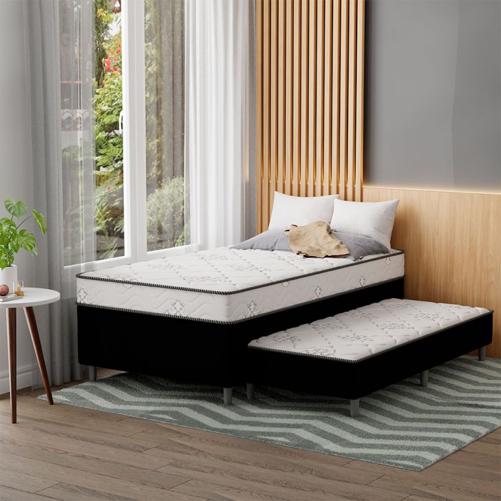 Cama Box Conjugada Solteirão Premier Unibox Molas Ensacadas (63x108x198) Com Cama Auxiliar Preta 