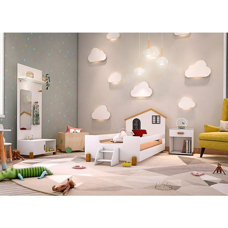 Cama Solteiro Belíssima Branca e Preta com 2 Luminárias e Colchão Divaloto