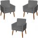 Kit 3 Poltronas Para Sala, Manicure, Quarto Decorativas Beatriz Com Base Suede Cinza Pé Castanho - Clique E Decore