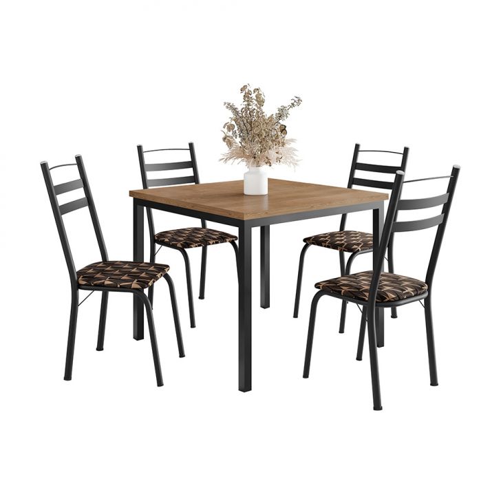 Conjunto De Mesa Quadrada Com Tampo De Mdp Amadeirado E 4 Cadeiras Adriana Revestimento Sintético Palha E Preto