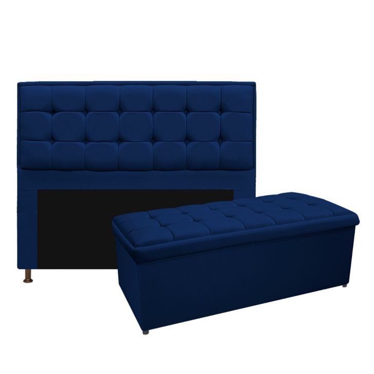 Kit Cabeceira e Calçadeira Copenhague 140 cm Casal Suede Azul Marinho - Amarena Móveis
