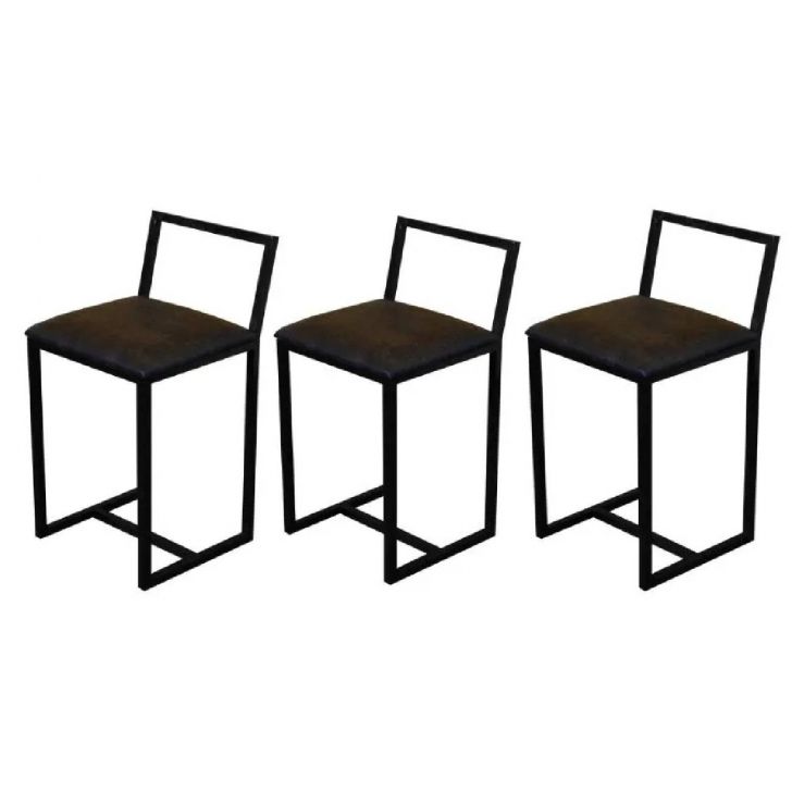 Kit 3 Banqueta Baixa Para Cozinha Preta Industrial Assento Estofado Marrom