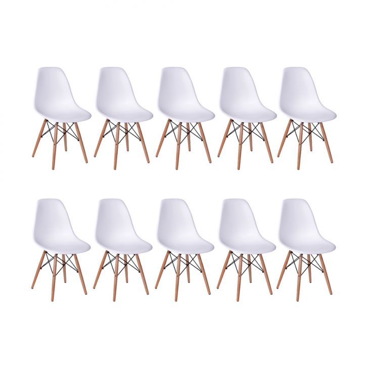 Conjunto com 10 Cadeiras DKR Eames Branco e Madeira