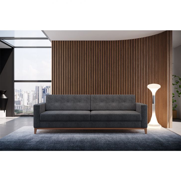 Sofá 3 Lugares Living Base De Madeira Linho Cotton Grafite 210cm