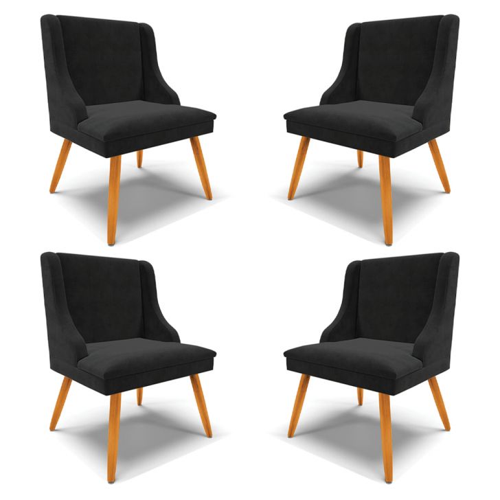 Kit 4 Cadeiras Decorativas Sala de Jantar Pés Palito de Madeira Firenze Suede Preto/Natural G19 - Gran Belo