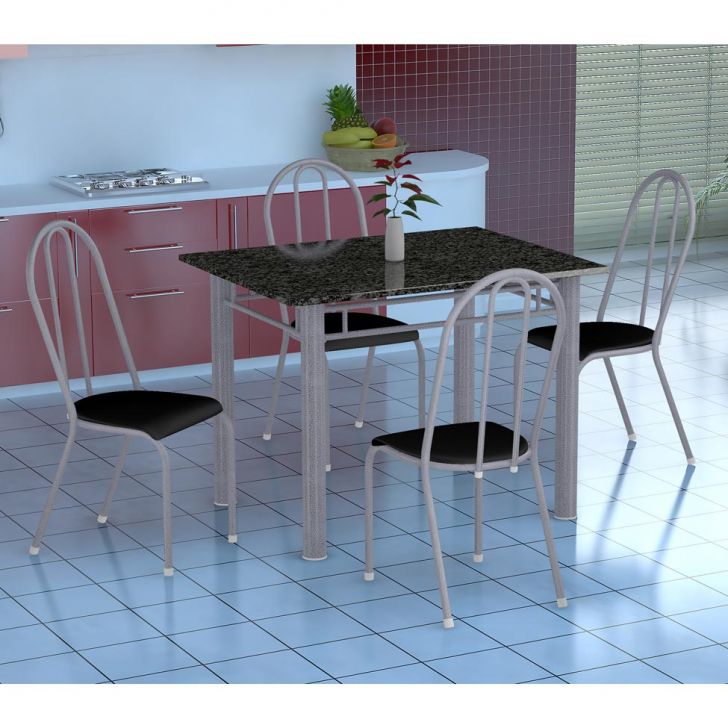 Conjunto De Mesa Genova Com 4 Cadeiras Alicante Branco Prata E Preto Liso