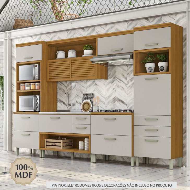 Cozinha Compacta Princesa 8 Portas 5 Gavetas Freijó e Off White