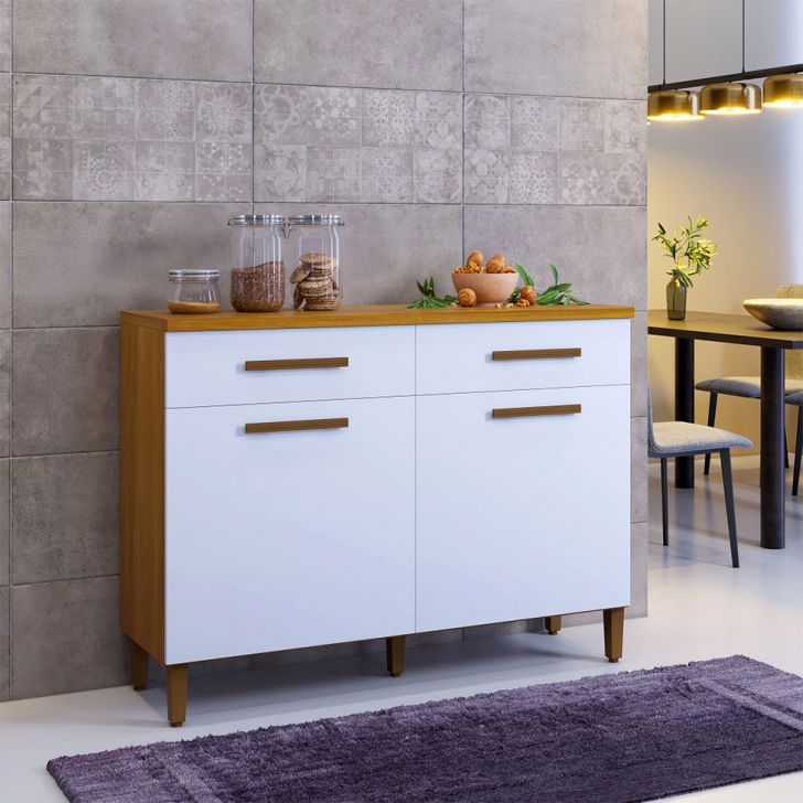 Balcão De Cozinha Com Tampo Pérola 2 Pt 2 Gv Freijó E Branco