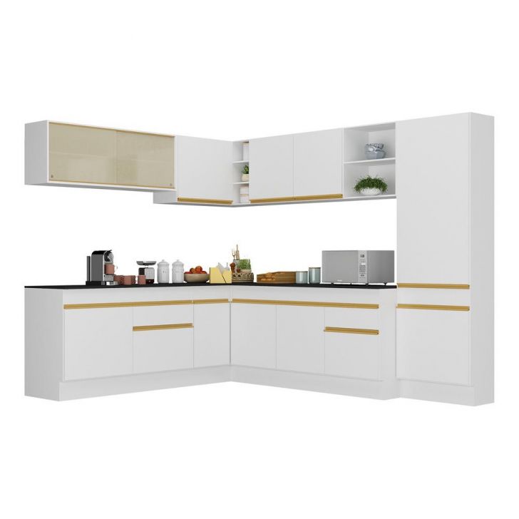 Armário de Cozinha Completa de Canto com Rodapé Veneza Multimóveis V2100  Branco/Dourado