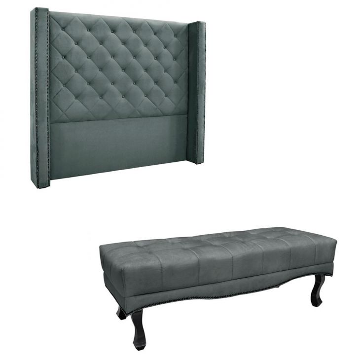 Conjunto de Cabeceira Casal com Recamier Vicenza Veludo Cinza