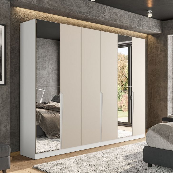 Guarda-roupa Casal Com Espelho Porto 6 Portas 4 Gavetas Branco E Creme