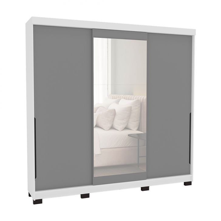 Guarda-roupa Casal Com Espelho Madrid 3 Portas 2 Gavetas Branco E Cinza