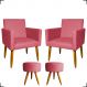 Kit 2 Poltronas Decorativas Reforçadas Para Sala Nina + 2 Puff Redondos Suede Rosê Pé Castanho - Clique E Decore