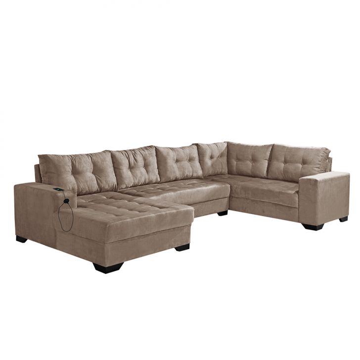 Image of Sofá De Canto 6 Lugares Dijon Com Chaise Esquerdo E Entrada Usb Suede Chocolate PLA-IM730UP70EOFMOB