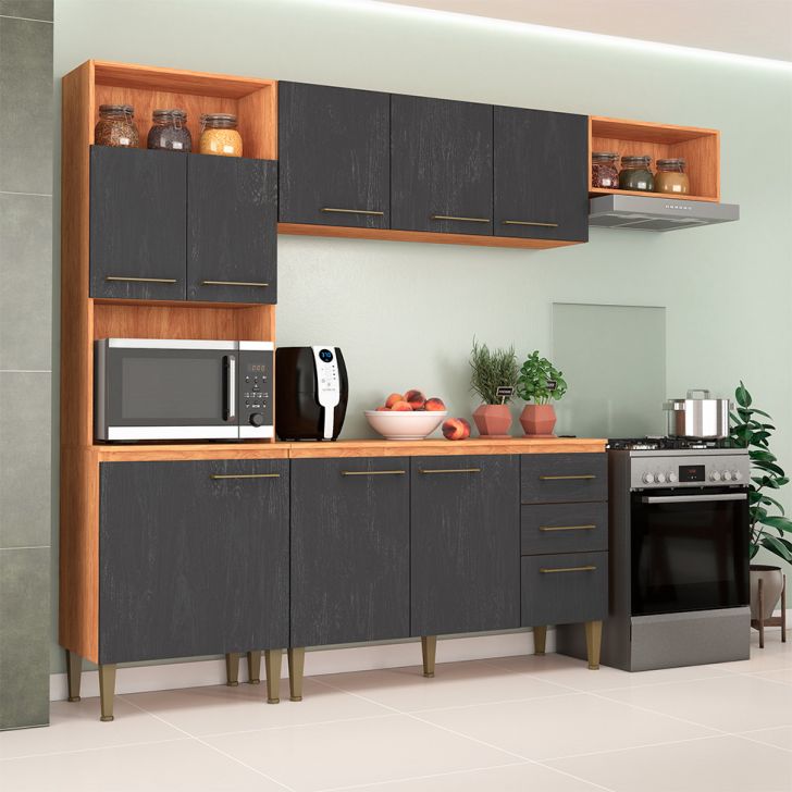 Cozinha Compacta com Tampo Malu 9 Portas 2 Gavetas Cinamomo e Grafite