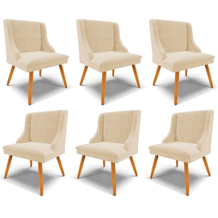 Kit 6 Cadeiras Decorativas Sala de Jantar Pés Palito de Madeira Firenze Suede Bege/Natural G19 - Gran Belo