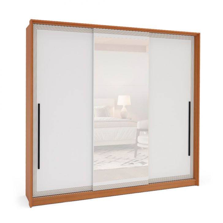 Image of Guarda-roupa Casal Com Espelho Valência 3 Portas 4 Gavetas Freijó E Branco PLA-MO895CL70ORTMOB