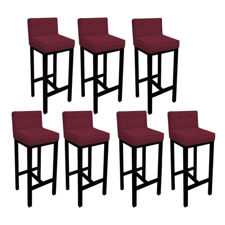 Kit 07 Banquetas Alta Íris Suede Bordô Com Encosto Para Balcão Bistrô e Base Preto -Bebêzin