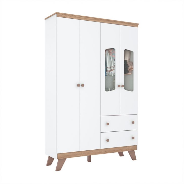 Guarda-Roupa Infantil Confete 4 Portas 2 Gavetas Branco e Jequitibá
