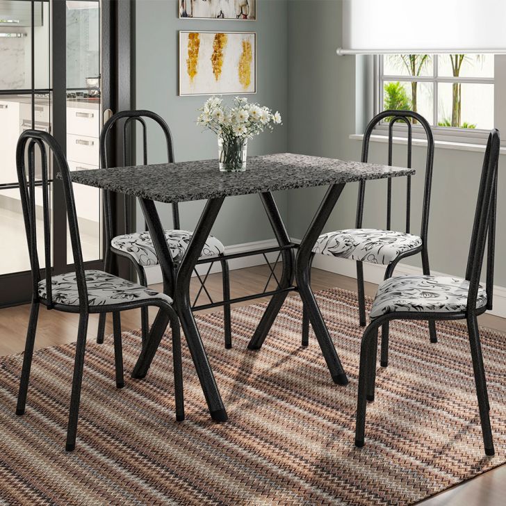 Conjunto De Mesa Miame 110 Cm Com 4 Cadeiras Madri Preto E Branco Floral