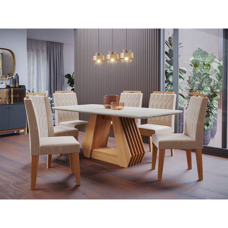 Image of Conjunto De Mesa De Jantar Com Tampo De Vidro Off White Agata E 6 Cadeiras Paola Suede Nude E Madeira PLA-CI381TA70MIBMOB
