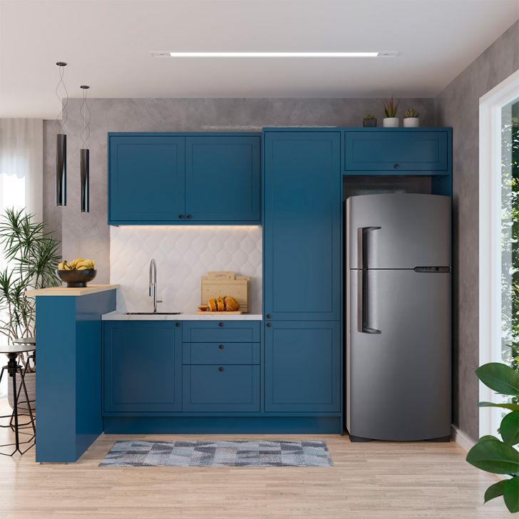 Cozinha Completa Évora com Bancada 6 Portas 3 Gavetas Azul Órion