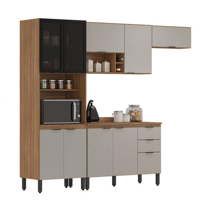 Cozinha Compacta com Tampo Firenze 10 Portas 2 Gavetas Amêndola e Bege